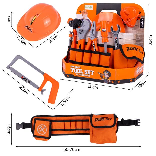 Žaislinis meistro  įrankių rinkinys su diržu ir šalmu, 17 vnt.