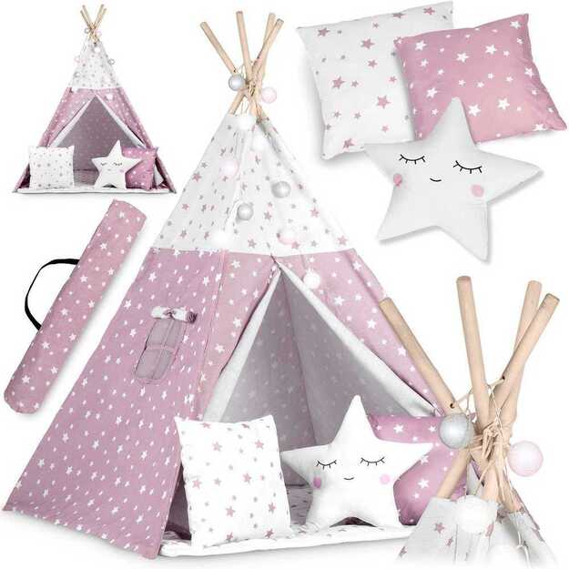 Nukido Teepee palapinė su šviesomis vaikams – rožinė su žvaigždėmis