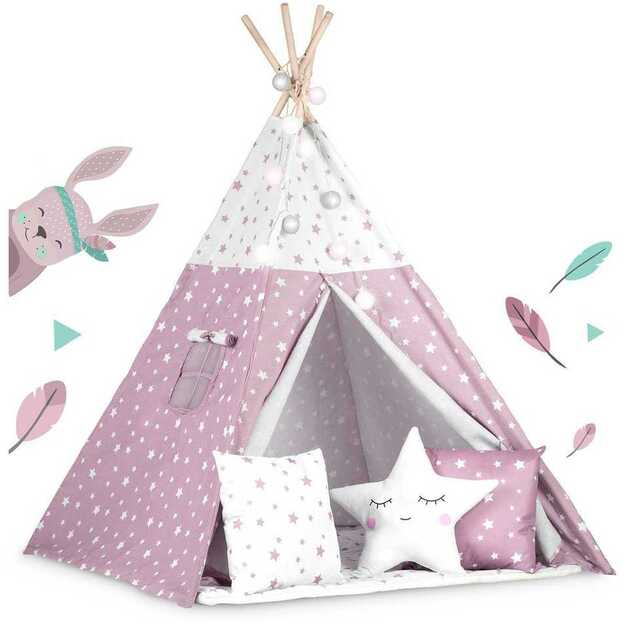 Nukido Teepee palapinė su šviesomis vaikams – rožinė su žvaigždėmis