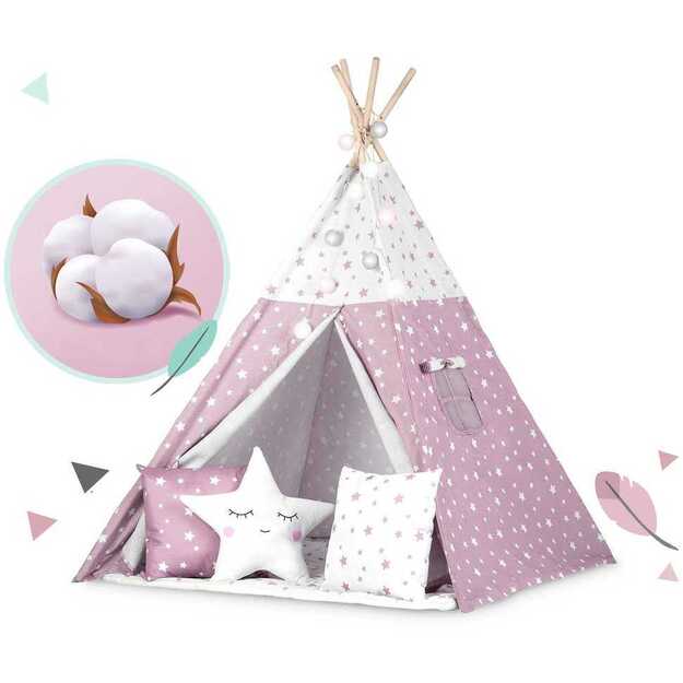 Nukido Teepee palapinė su šviesomis vaikams – rožinė su žvaigždėmis