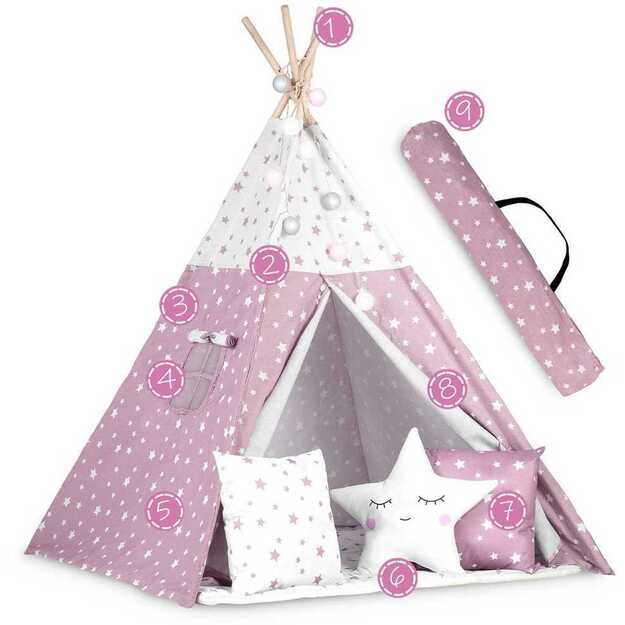 Nukido Teepee palapinė su šviesomis vaikams – rožinė su žvaigždėmis