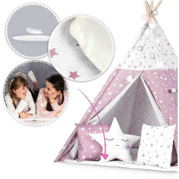 Nukido Teepee palapinė su šviesomis vaikams – rožinė su žvaigždėmis