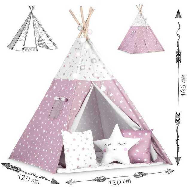 Nukido Teepee palapinė su šviesomis vaikams – rožinė su žvaigždėmis