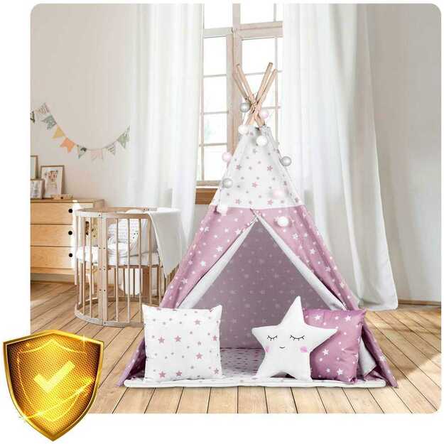Nukido Teepee palapinė su šviesomis vaikams – rožinė su žvaigždėmis