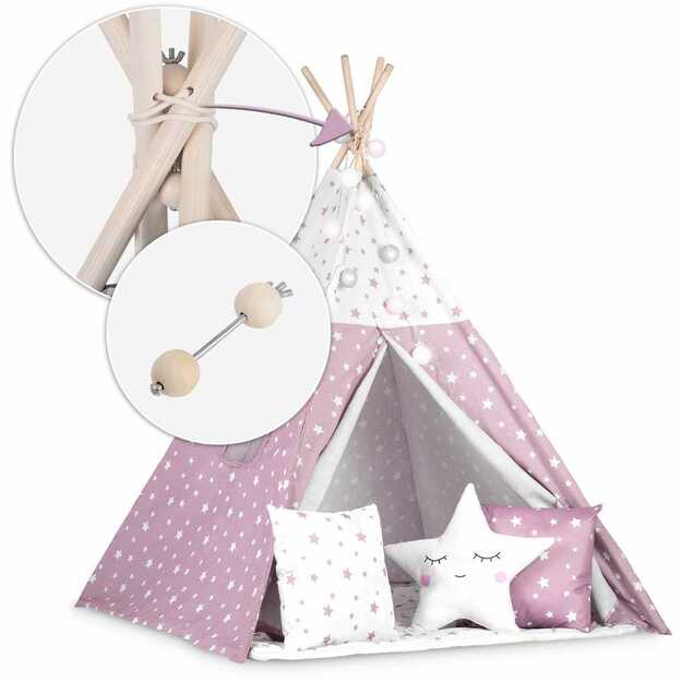 Nukido Teepee palapinė su šviesomis vaikams – rožinė su žvaigždėmis