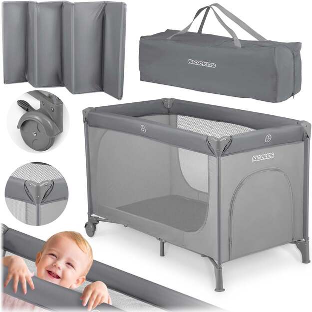 Kelioninė lovytė - maniežas, Ricokids, 125 x 65 x 78 cm, pilkas