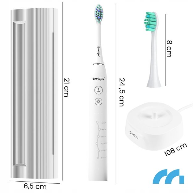 MalTec elektrinis dantų šepetėlis, atsparus vandeniui, X1 WH Sonic 5