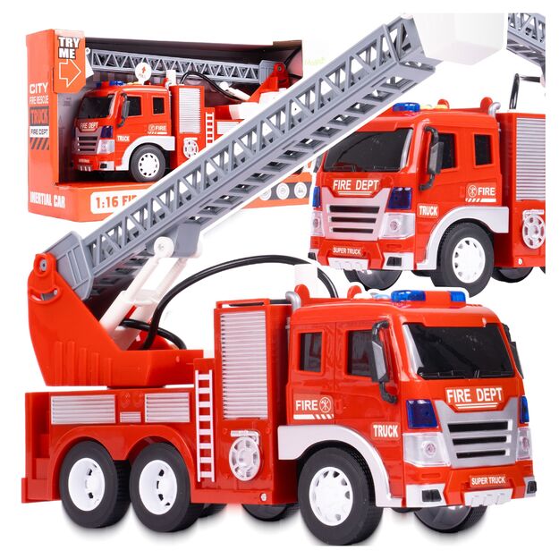 Gaisrinė mašina su motorizuotomis judančiomis kopėčiomis su šviesa ir garsu, 1:16