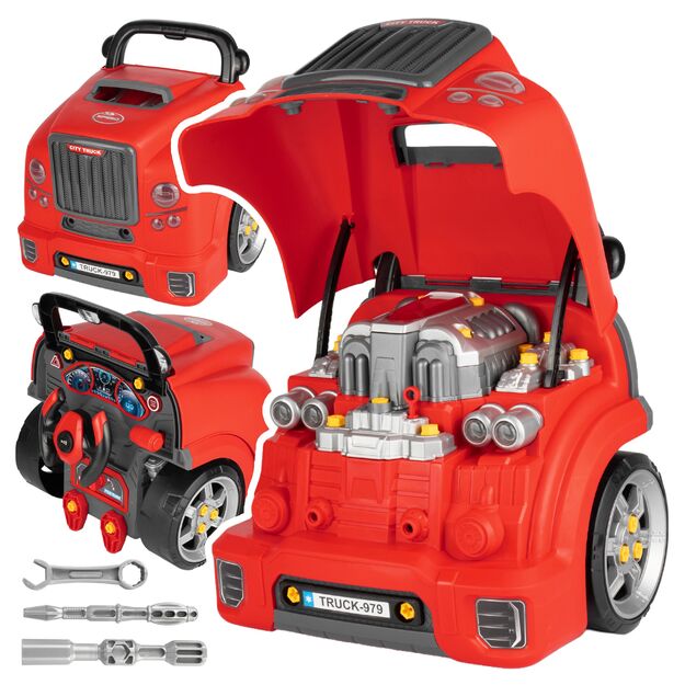Žaislinis automobilio meistro sunkvežimio variklio išardymo rinkinys su vairavimo simuliatoriumi, garsais ir šviesomis