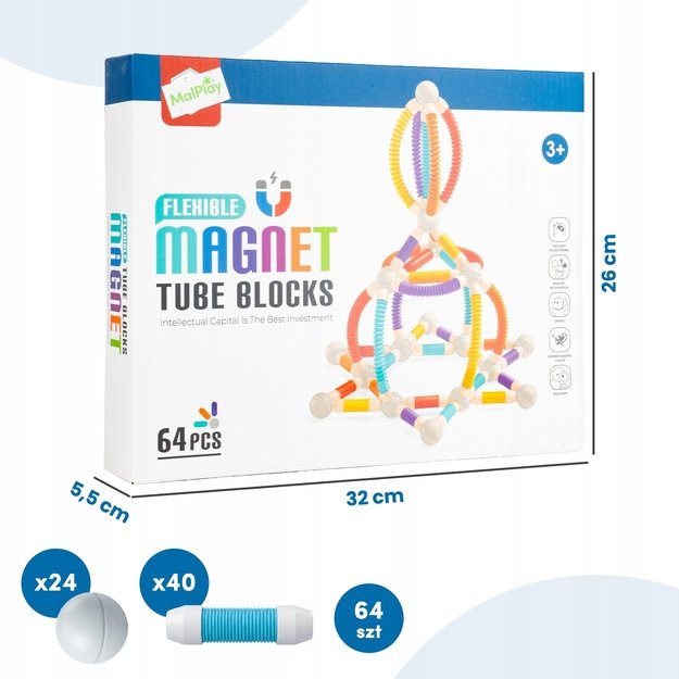 Magnetinis vamzdelių konstruktorius, 64 dalys, lanksti 3D konstrukcija 5