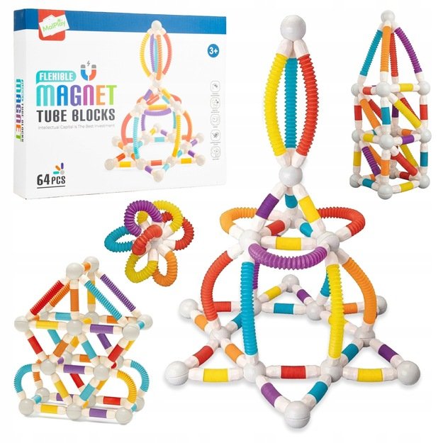 Magnetinis vamzdelių konstruktorius, 64 dalys, lanksti 3D konstrukcija