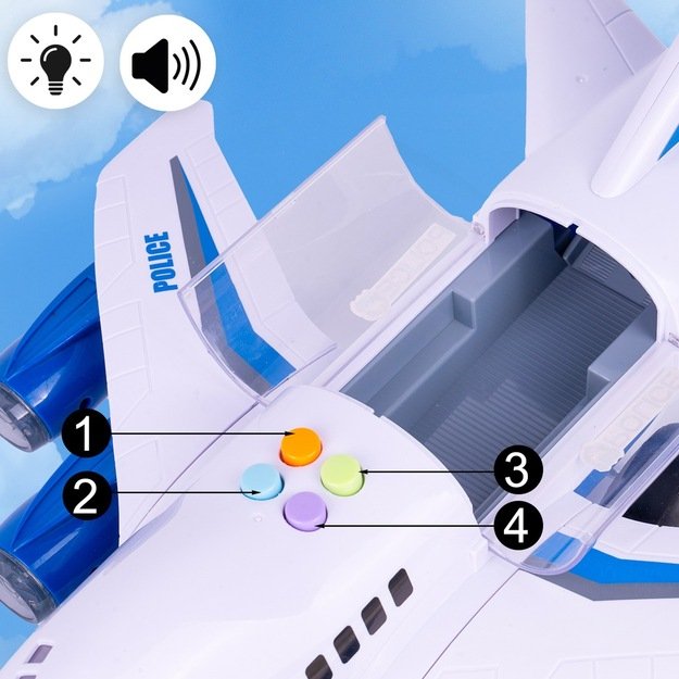 Žaislinis lėktuvas A380 su 6 policijos automobiliais, šviesa ir garsu