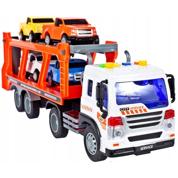 Žaislinis sunkvežimis vilkikas su transporto priemonėmis, šviesa ir garsu