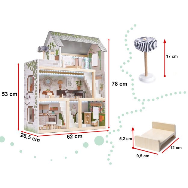 LULILO Medinis lėlių namelis Floro Boho su LED apšvietimu, 78 cm