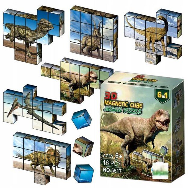 Magnetinių kaladėlių 3D dėlionė Dinozaurai, 16 vnt.