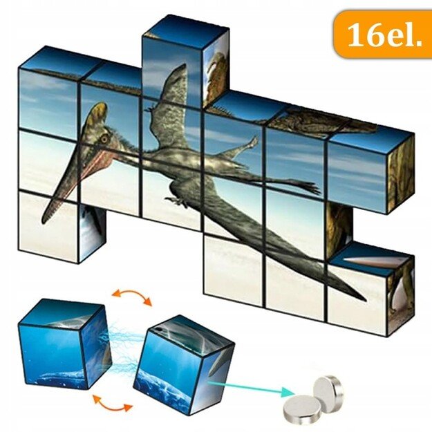 Magnetinių kaladėlių 3D dėlionė Dinozaurai, 16 vnt. 3