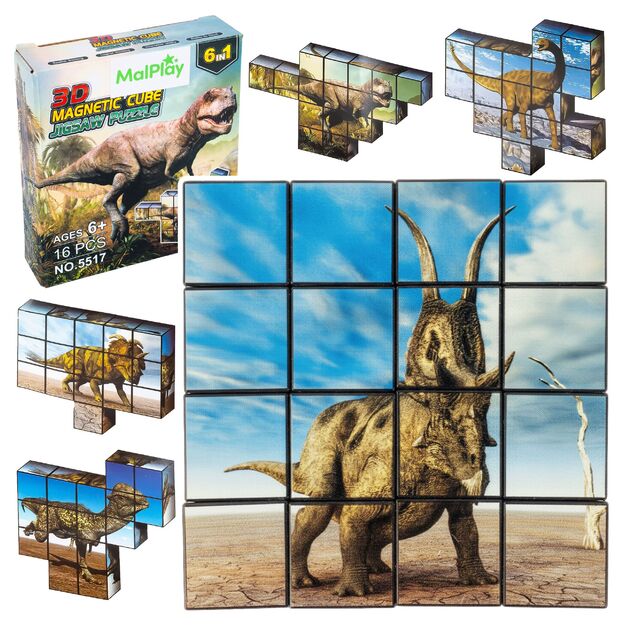 Magnetinių kaladėlių 3D dėlionė Dinozaurai, 16 vnt.