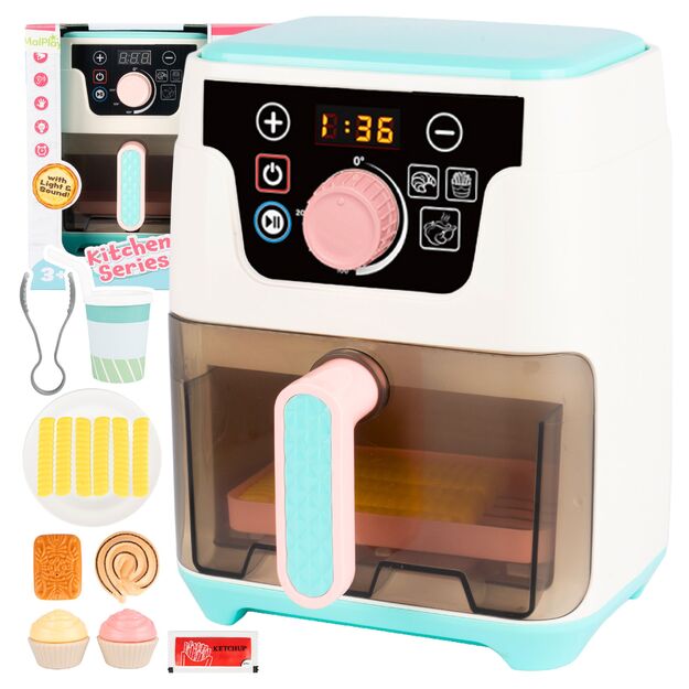 Žaislinė oro gruzdintuvė su atidaromu stalčiu, priedais, šviesa ir garsu