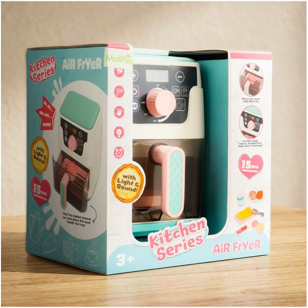 Žaislinė oro gruzdintuvė su atidaromu stalčiu, priedais, šviesa ir garsu 12