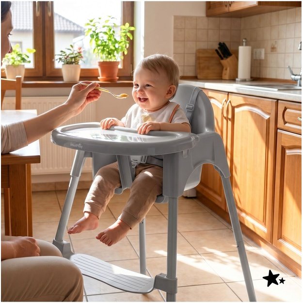 2 viename reguliuojama KERI pilka maitinimo kėdutė su pakoja, padėklu, dirželiais, 30 kg
