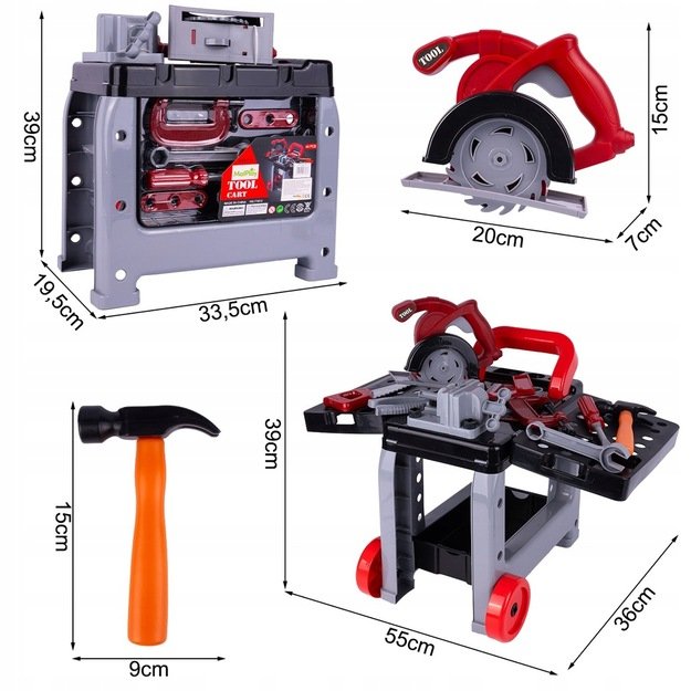 Žaislinis meistro įrankių rinkinys Dirbtuvės ant ratų, 44 el.
