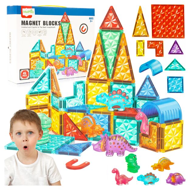 Magnetinis konstruktorius su dinozaurų figūrėlėmis, 45 vnt.
