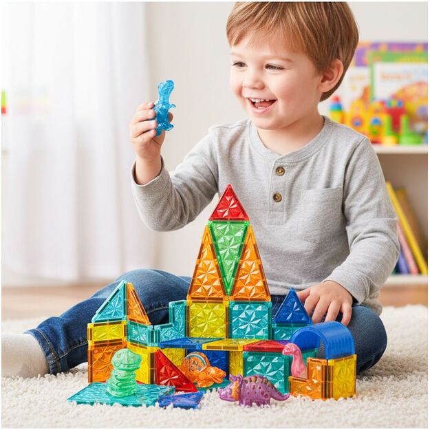 Magnetinis konstruktorius su dinozaurų figūrėlėmis, 45 vnt. 2