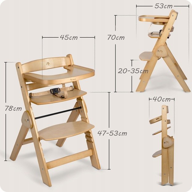 Nukido Medinė sulankstoma maitinimo kėdutė su reguliuojamais dirželiais 12
