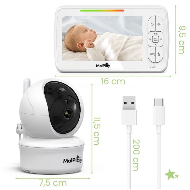 Kūdikio stebėjimo kamera, tiesioginio vaizdo monitorius, besisukantis, naktinis režimas, VOX LCD, 5 colių 1