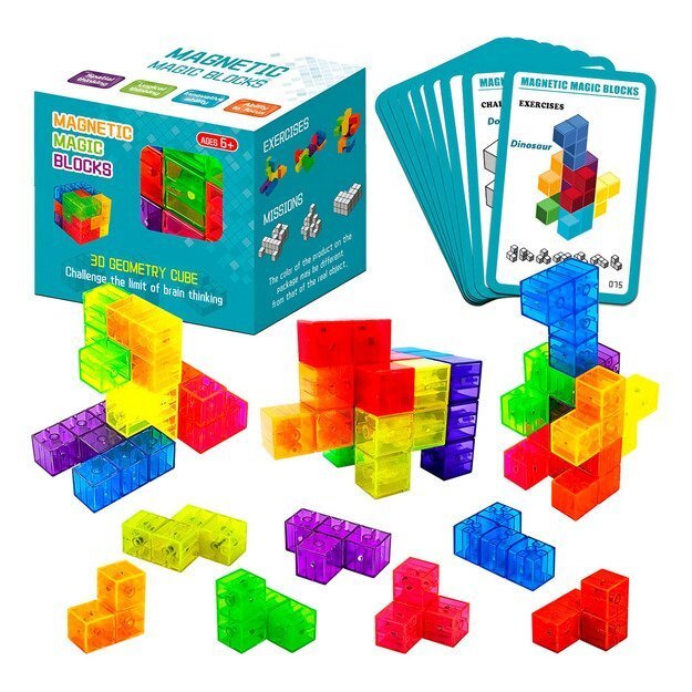 Magnetinių 3D kaladėlių dėlionė kubas su kortelėmis  3