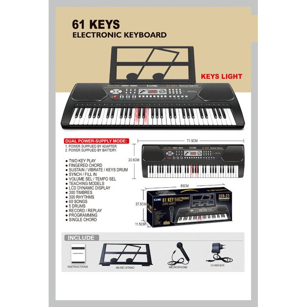 Vaikiškas pianinas su mikrofonu, 61 klavišas