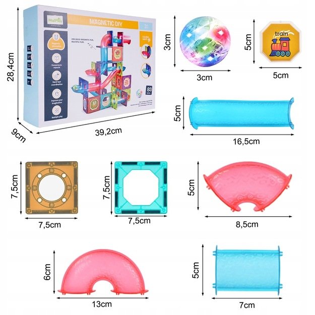 Šviečiantis magnetinis konstruktorius kamuoliukų trasa, 83 el.