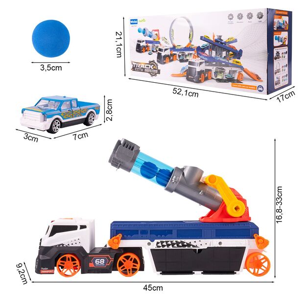 Žaislinis vilkiko sunkvežimis su kamuoliukų paleidimo įranga, šviesa ir garsu