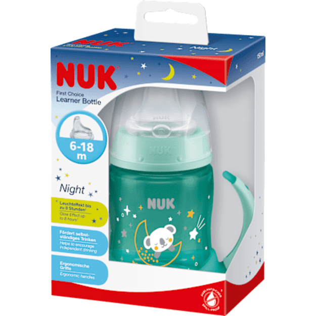 NUK FC neišsiliejantis buteliukas su rankenėlėmis, šviečiantis, 6-18 mėn., 150 ml