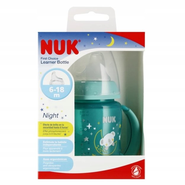 NUK FC neišsiliejantis buteliukas su rankenėlėmis, šviečiantis, 6-18 mėn., 150 ml