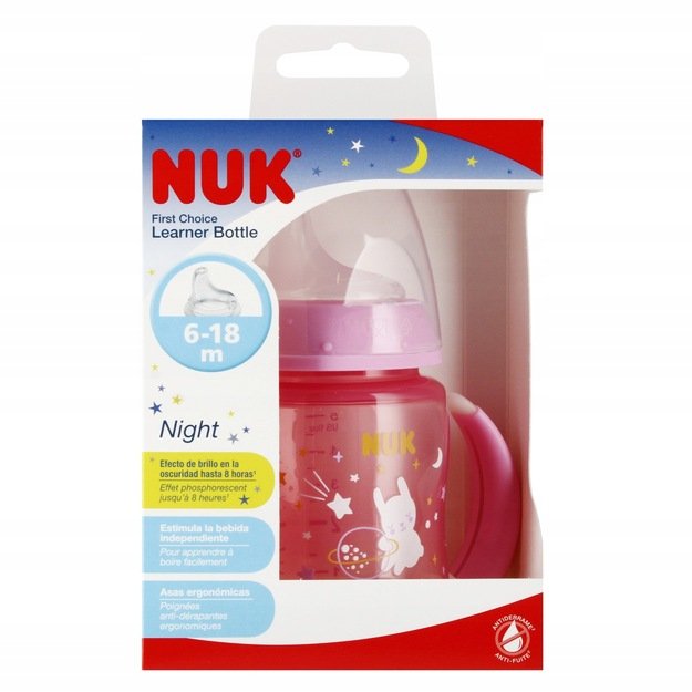 NUK FC neišsiliejantis buteliukas su rankenėlėmis, šviečiantis, 6-18 mėn., 150 ml