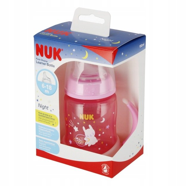 NUK FC neišsiliejantis buteliukas su rankenėlėmis, šviečiantis, 6-18 mėn., 150 ml