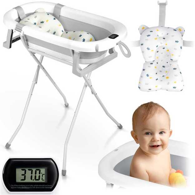 Sulankstoma vonelė vaikams, kūdikiams su rėmu, termometru ir įdėklu „Ricokids RK-287“, balta ir pilka