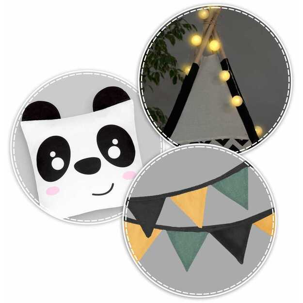 Nukido palapinė vaikams su girlianda ir švieselėmis - balta, juoda su panda 8
