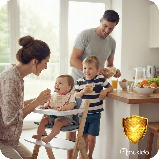 NUKIDO Medinė sulankstoma maitinimo kėdutė su reguliuojamais dirželiais 9