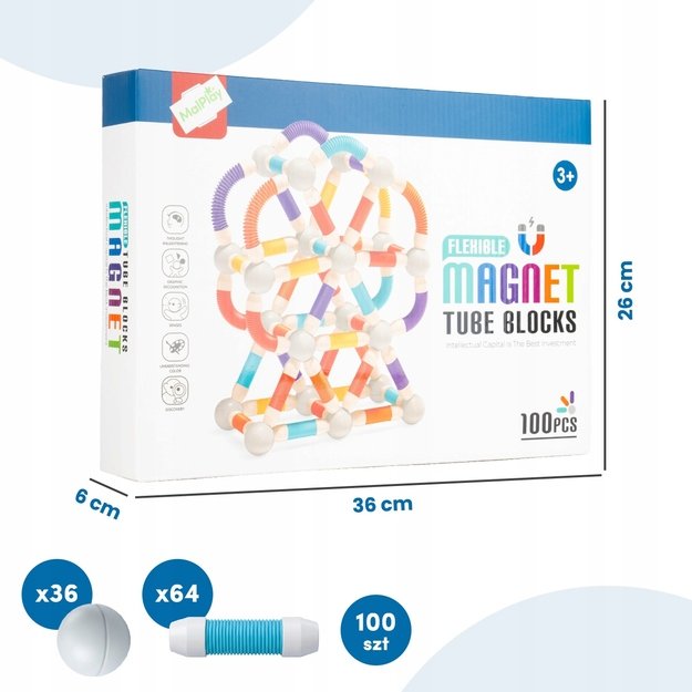 Magnetinis vamzdelių konstruktorius, 100 dalys, lanksti 3D konstrukcija 11