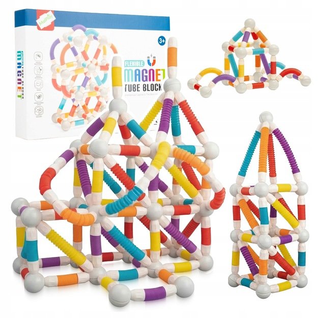 Magnetinis vamzdelių konstruktorius, 100 dalys, lanksti 3D konstrukcija