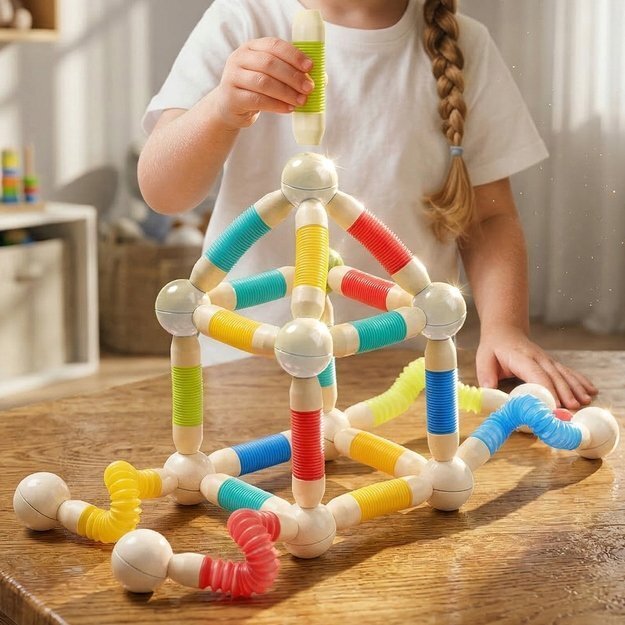 Magnetinis vamzdelių konstruktorius, 100 dalys, lanksti 3D konstrukcija 9
