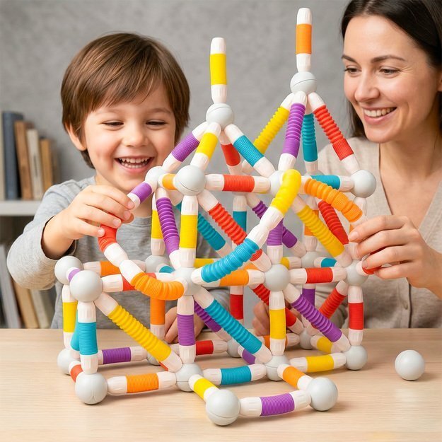 Magnetinis vamzdelių konstruktorius, 100 dalys, lanksti 3D konstrukcija 6