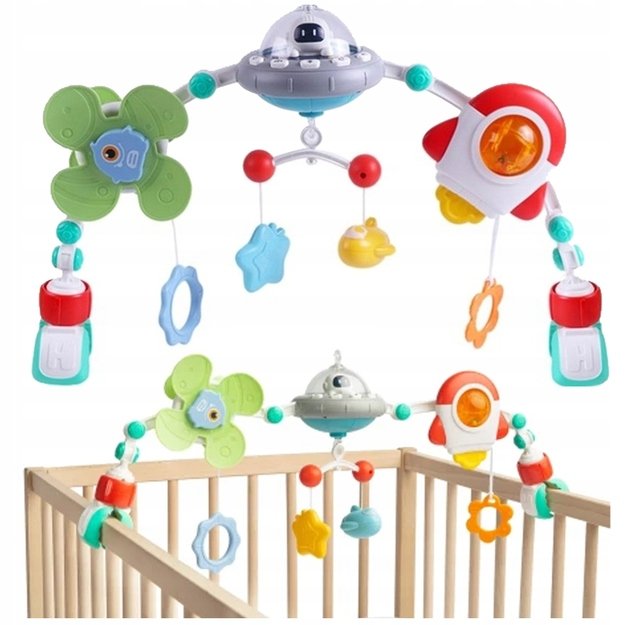 Pakabinamas žaislų lankas vežimėliui UFO su šviesos efektais