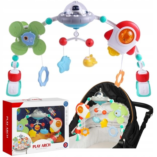 Pakabinamas žaislų lankas vežimėliui UFO su šviesos efektais 1