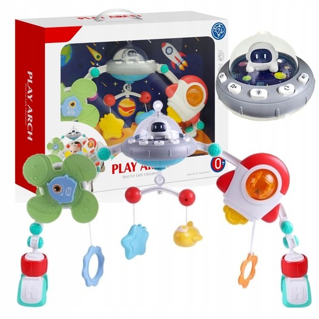 Pakabinamas žaislų lankas vežimėliui UFO su šviesos efektais 4