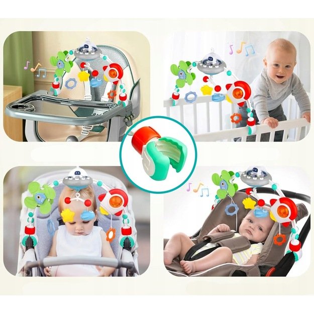 Pakabinamas žaislų lankas vežimėliui UFO su šviesos efektais 6