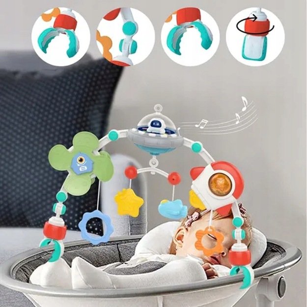 Pakabinamas žaislų lankas vežimėliui UFO su šviesos efektais 5