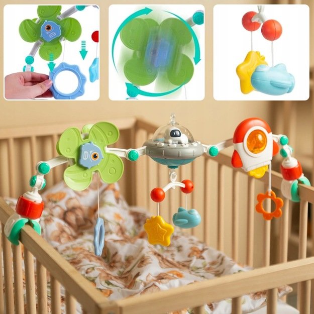 Pakabinamas žaislų lankas vežimėliui UFO su šviesos efektais 3